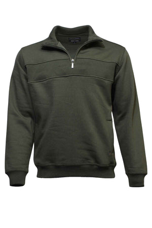The Breakaway Zed Snowy Mt Fleece Half Zip sweater is a dark green, long-sleeve pullover featuring a half-zip front and high collar, complete with ribbed cuffs, waistband, and shoulder panel for added texture.