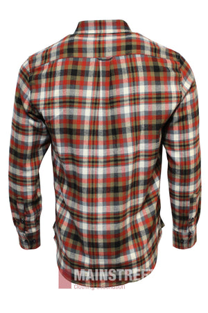 Back view of the Bridgeport Brushed Cotton Check Shirt, a long-sleeve, button-cuff shirt with a classic red, white, black, and green plaid pattern. Displayed on a plain white background.