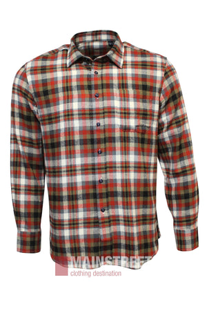 The Bridgeport Brushed Cotton Check Shirt is a long-sleeve, button-up shirt with a red, green, black, and white check pattern. It features a chest pocket and a classic collar for timeless style.