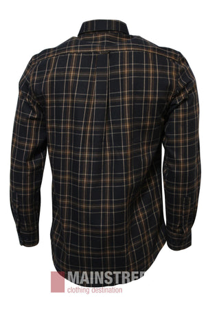 The Bridgeport Brushed Cotton Check Shirt is a long-sleeved, black shirt with a brown and beige classic check pattern, classic collar, and buttoned cuffs, shown from the back on a white background.