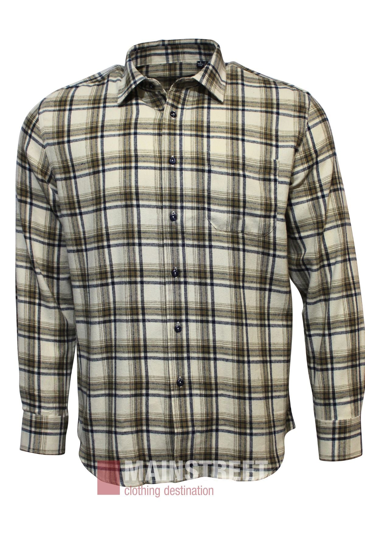 The Bridgeport Brushed Cotton Check Shirt is a long-sleeve, button-up shirt with a beige, brown, and black classic check pattern, shown against a plain white background.