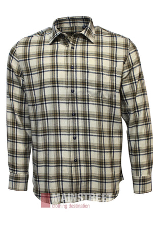 The Bridgeport Brushed Cotton Check Shirt is a long-sleeve, button-up shirt with a beige, brown, and black classic check pattern, shown against a plain white background.