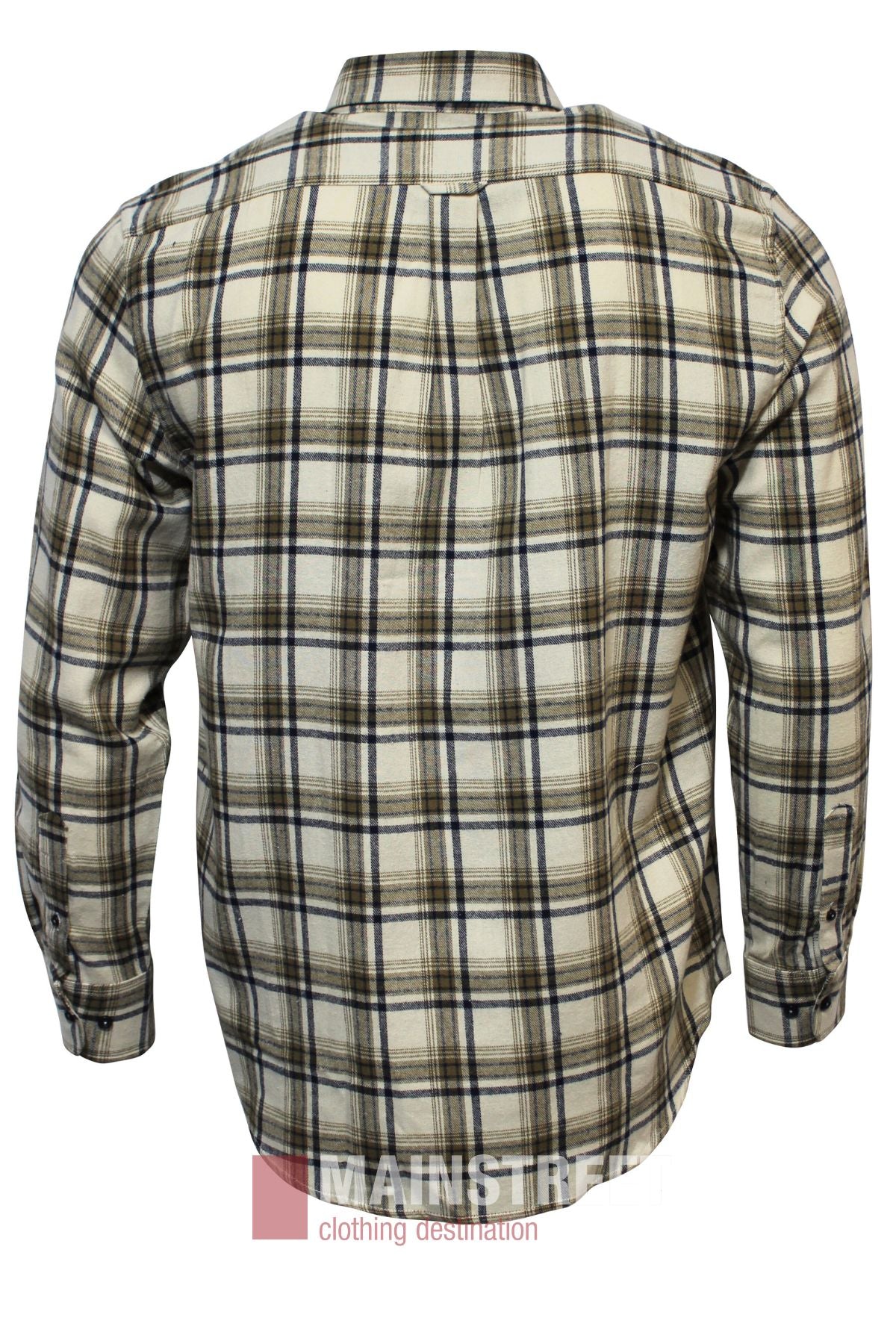 The Bridgeport Brushed Cotton Check Shirt features long sleeves, a button-up front, and a classic beige, black, and brown check pattern. Shown from the back with a straight collar and buttoned cuffs.