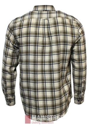 The Bridgeport Brushed Cotton Check Shirt features long sleeves, a button-up front, and a classic beige, black, and brown check pattern. Shown from the back with a straight collar and buttoned cuffs.