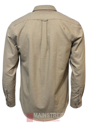 The Bridgeport Brushed Cotton Shirt is a beige, long-sleeve shirt with a collar, adjustable cuffs, a center pleat on the upper back, and the MAINSTREET logo partially visible at the bottom. Shown from the back.