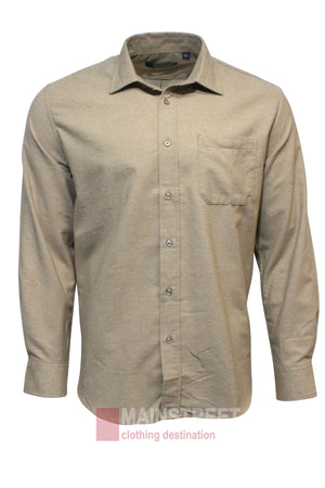 The Bridgeport Brushed Cotton Shirt in beige features long sleeves, a collar, chest pocket, and adjustable cuffs. Displayed on a white background, this breathable shirt is perfect for both casual and formal occasions.