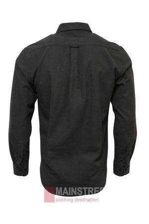 The Bridgeport Brushed Cotton Shirt in plain black is ultra soft, shown from the back with a center pleat and adjustable cuffs. "MAINSTREET clothing destination" watermark appears at the bottom.