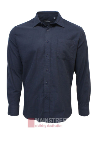 The Bridgeport Brushed Cotton Shirt is a long-sleeve, button-up dark navy shirt with a chest pocket and adjustable cuffs, shown on a plain white background. "MAINSTREE" appears in faded text at the bottom of the image.
