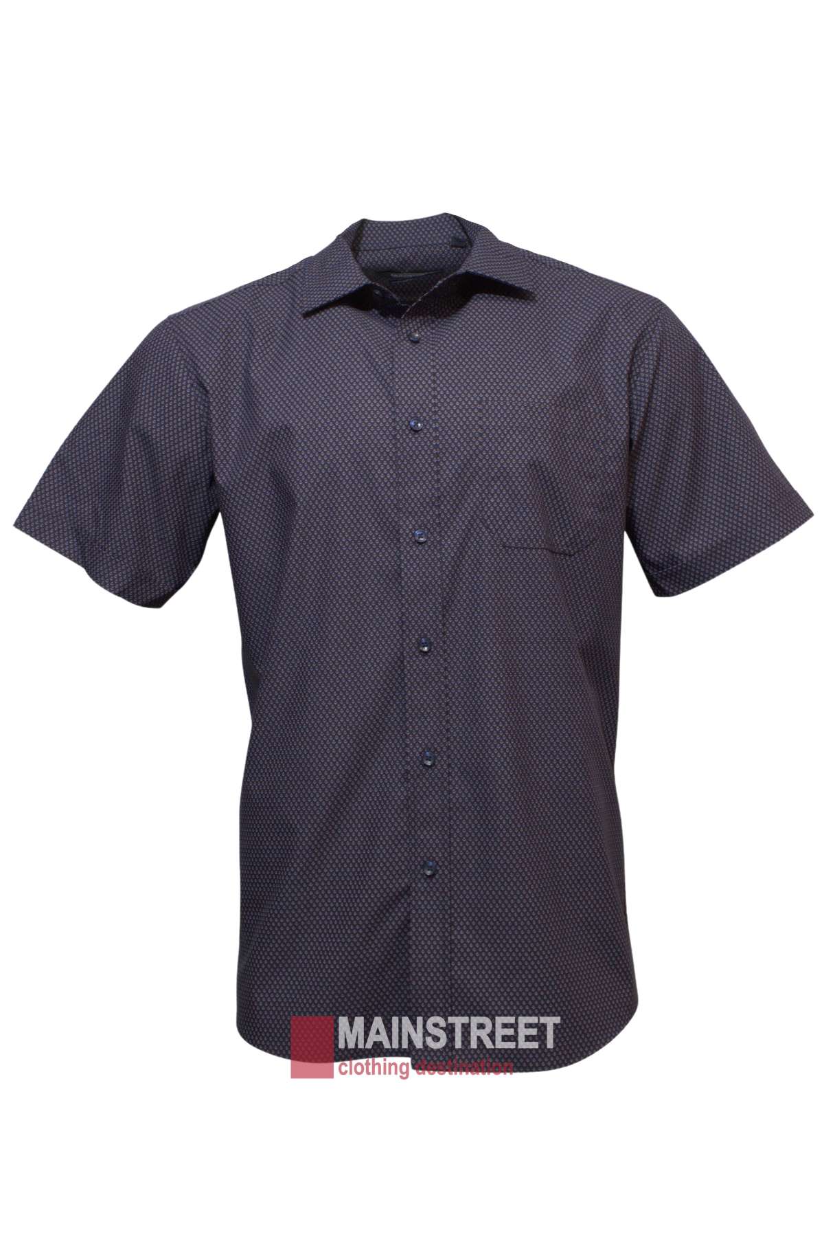 The Bridgeport Club Woven Bamboo Short Sleeve Shirt is a lightweight, dark-toned button-up featuring a subtle dotted pattern, collar, and single chest pocket, blending style with comfort.