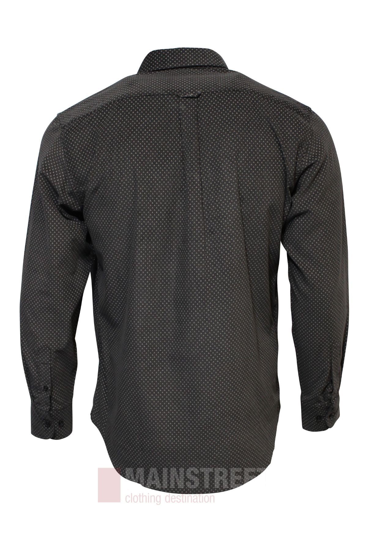 The Bridgeport Cord Shirt is a black long-sleeve button-up made from premium micro cord fabric, featuring small white polka dots. Displayed from the back, it has buttoned cuffs and a shoulder yoke for added style.