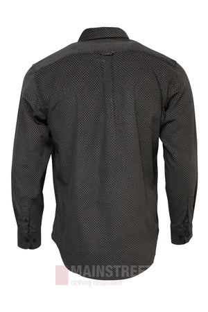 The Bridgeport Cord Shirt is a black long-sleeve button-up made from premium micro cord fabric, featuring small white polka dots. Displayed from the back, it has buttoned cuffs and a shoulder yoke for added style.
