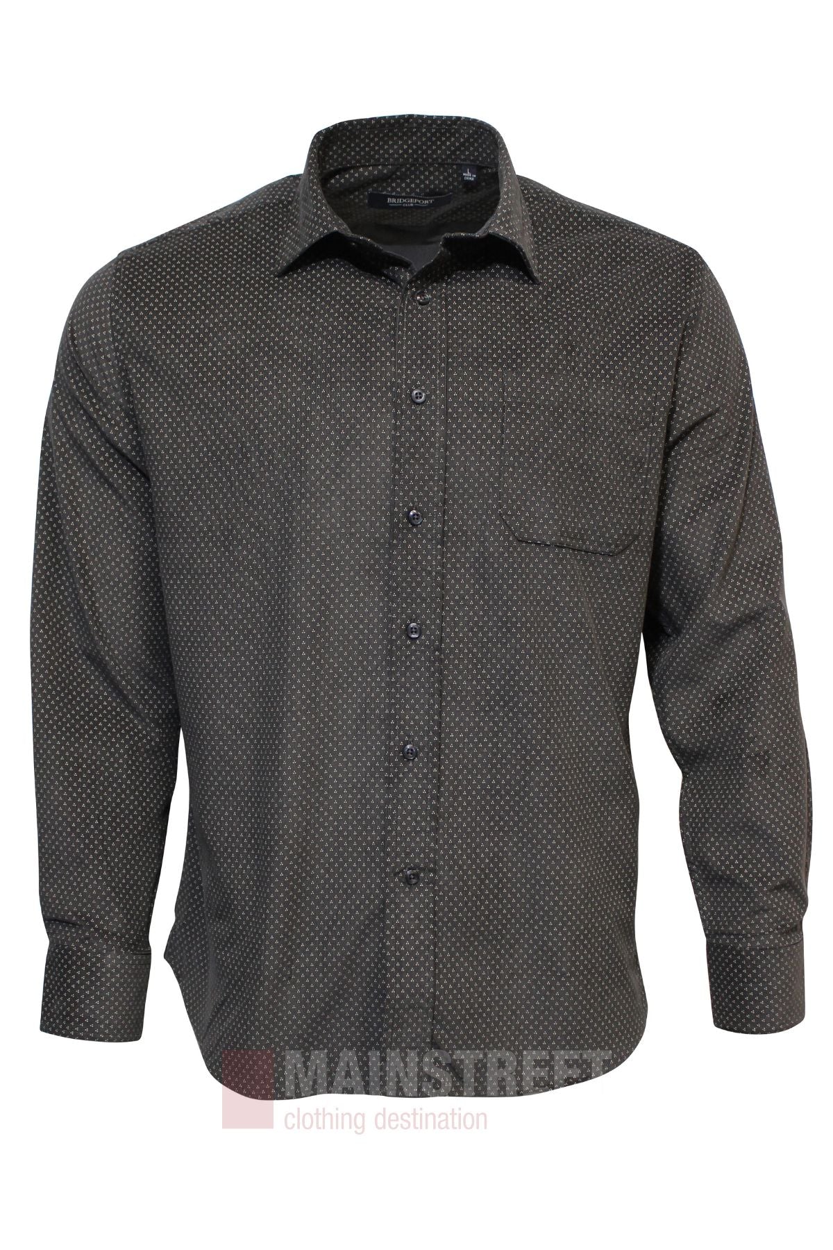 The Bridgeport Cord Shirt is a black long-sleeve micro cord shirt with a small dot pattern and single chest pocket. Made from premium fabric for luxurious comfort, it's shown on a plain white background.