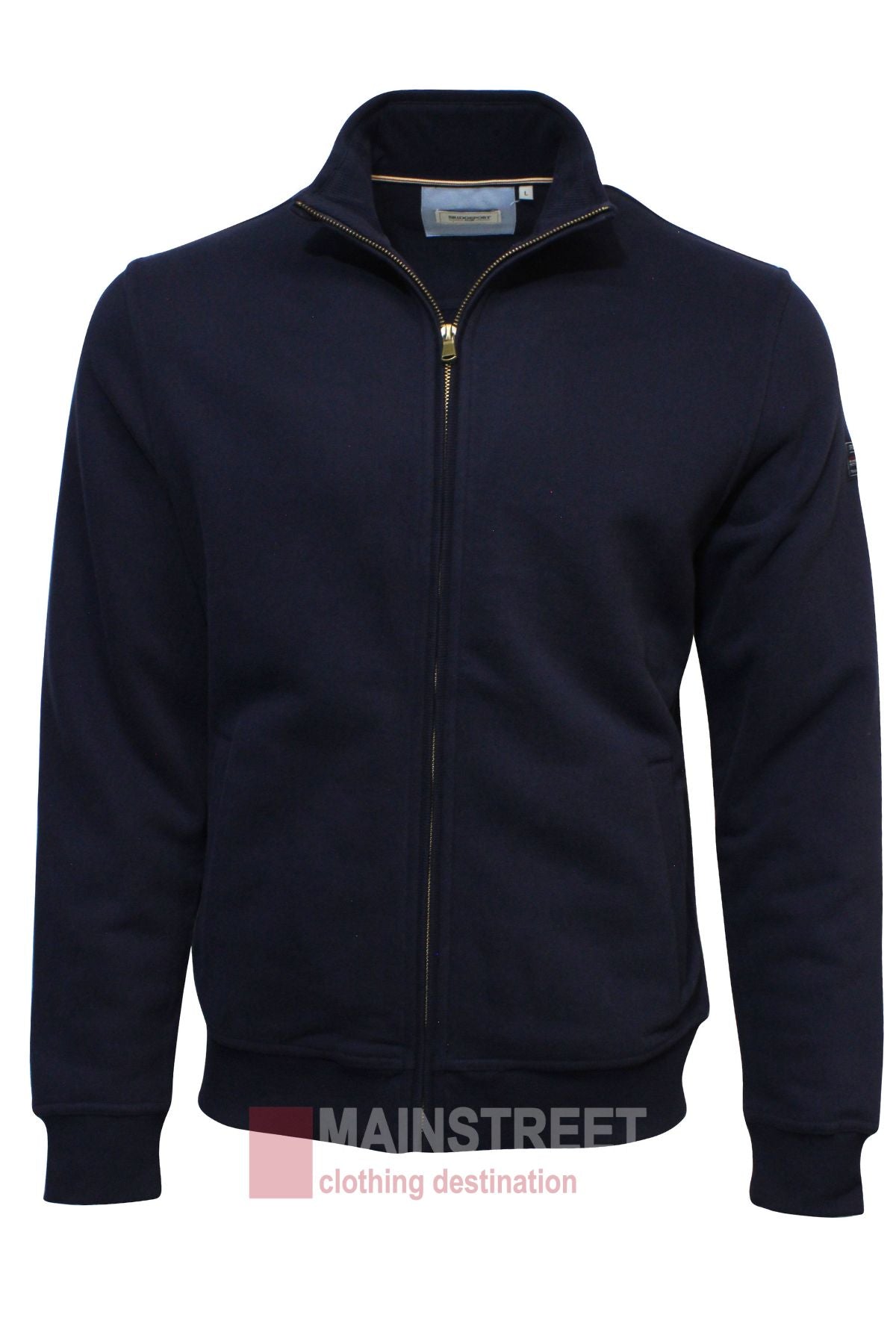 The Bridgeport Full Zip Alpine Fleece is a navy alpine jacket with a stand collar, long sleeves, and side pockets—ideal for outdoor adventures. Shown on a white background with the Mainstreet Clothing Destination logo at the bottom.