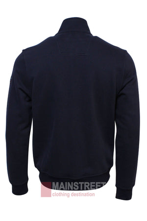 The image shows the back of the Bridgeport Full Zip Alpine Fleece in navy blue, featuring ribbed cuffs and waistband. "MAINSTREET clothing destination" is watermarked at the bottom center.