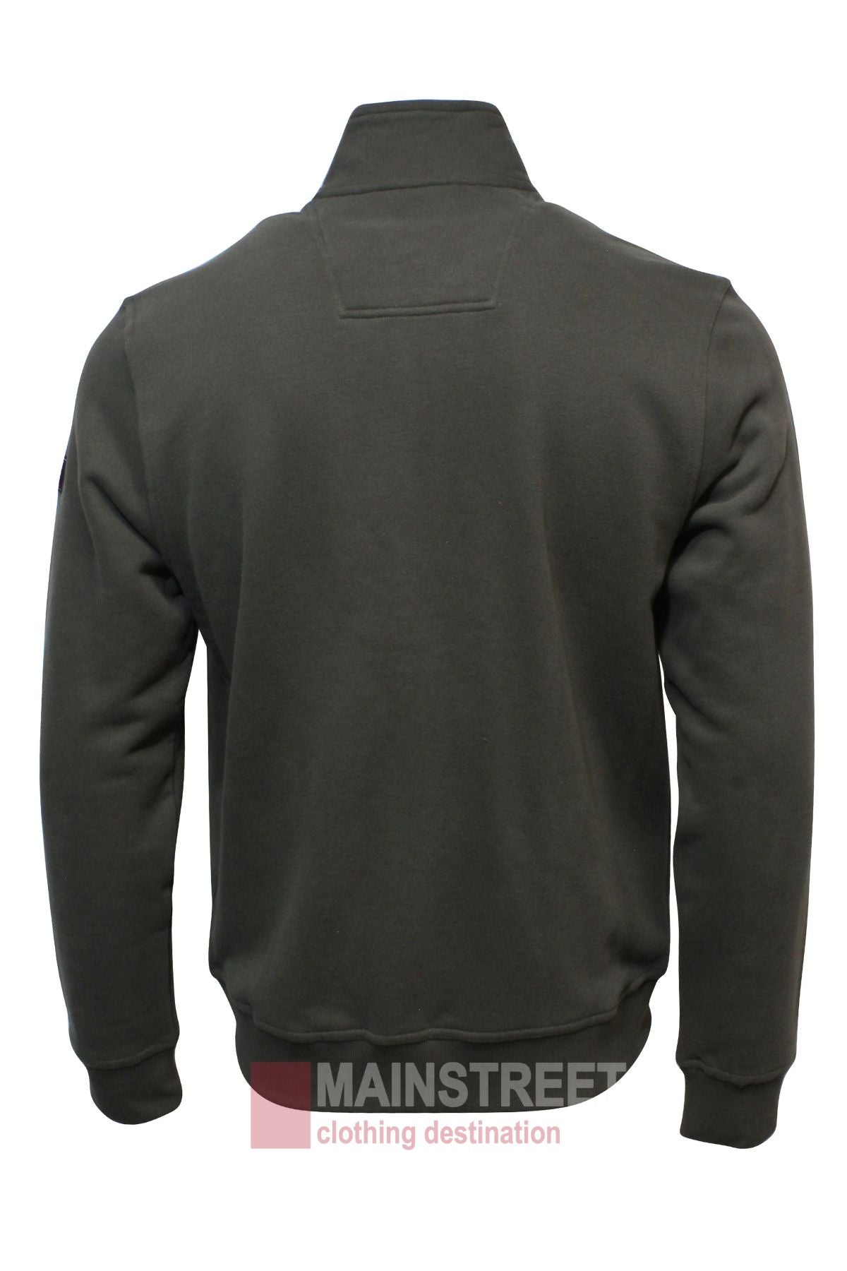 A back view of the Bridgeport Full Zip Alpine Fleece in dark green, featuring long sleeves, a stand collar, and ribbed cuffs and hem—ideal for outdoor layering—displayed on a mannequin with the MAINSTREET clothing destination logo below.