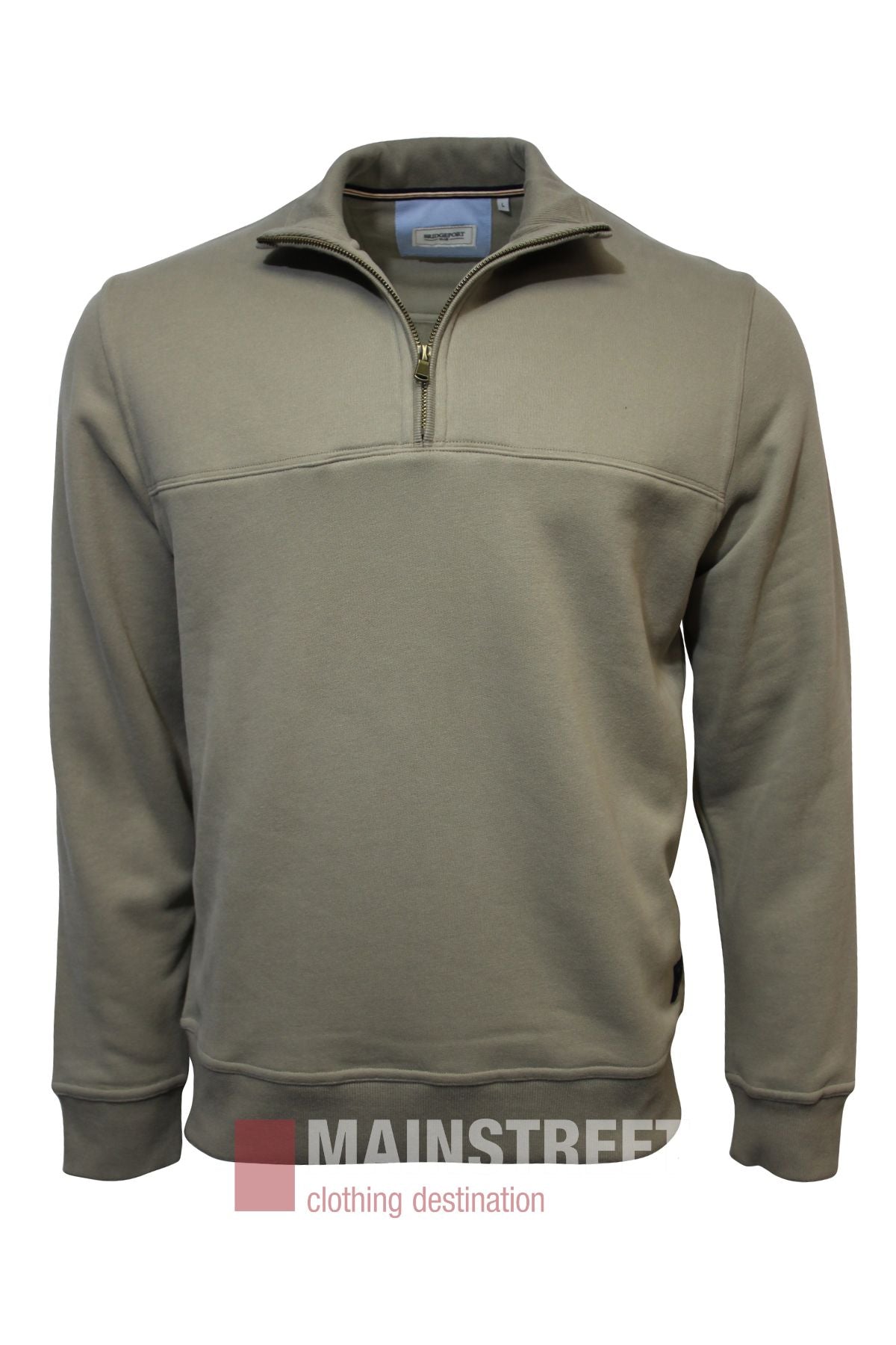 A khaki Bridgeport Half Zip Alpine Fleece pullover with long sleeves and a half-zip collar is shown on a white background. "MAINSTREET clothing destination" appears at the bottom of the image.