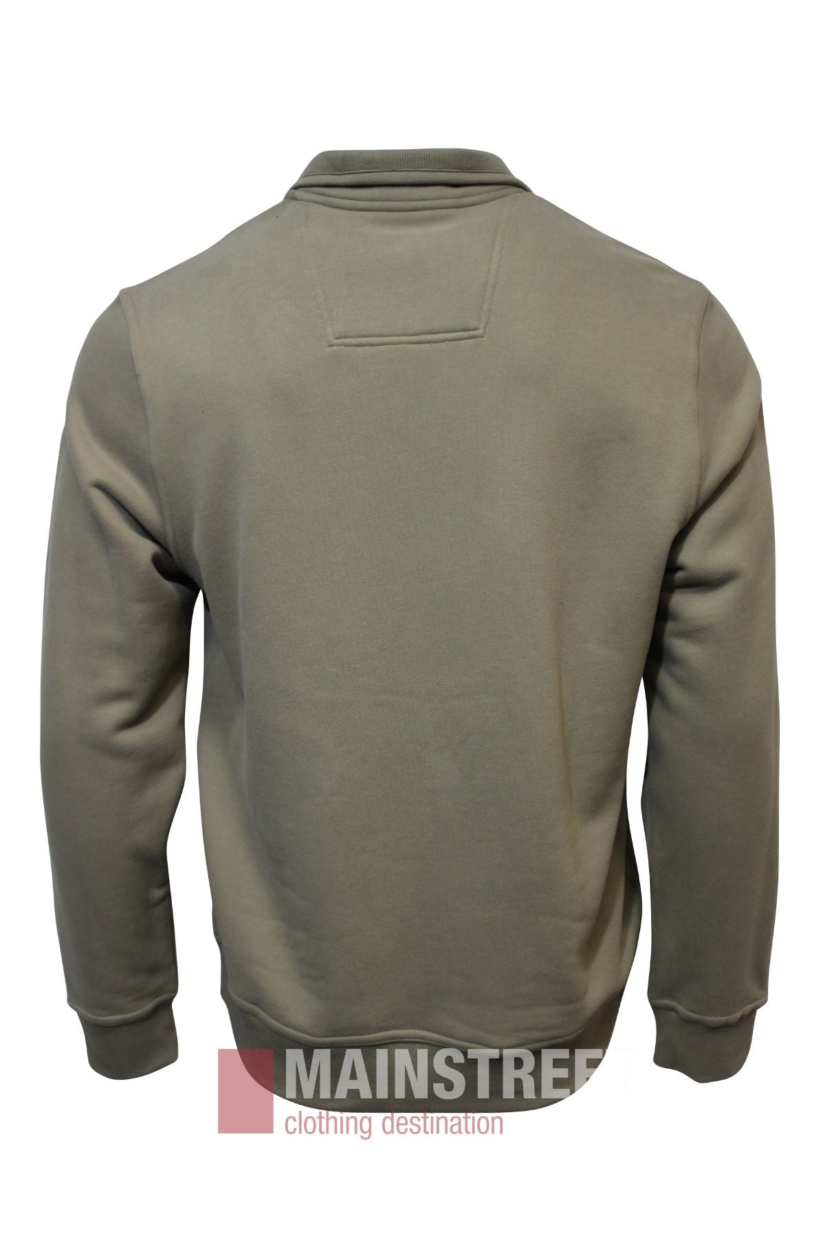 Back view of the Bridgeport Half Zip Alpine Fleece, a plain, long-sleeve olive green sweatshirt with ribbed cuffs and hem, shown on a white background. "MAINSTREET clothing destination" logo watermark appears at the bottom.