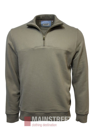 A khaki Bridgeport Half Zip Alpine Fleece pullover with long sleeves and a half-zip collar is shown on a white background. "MAINSTREET clothing destination" appears at the bottom of the image.