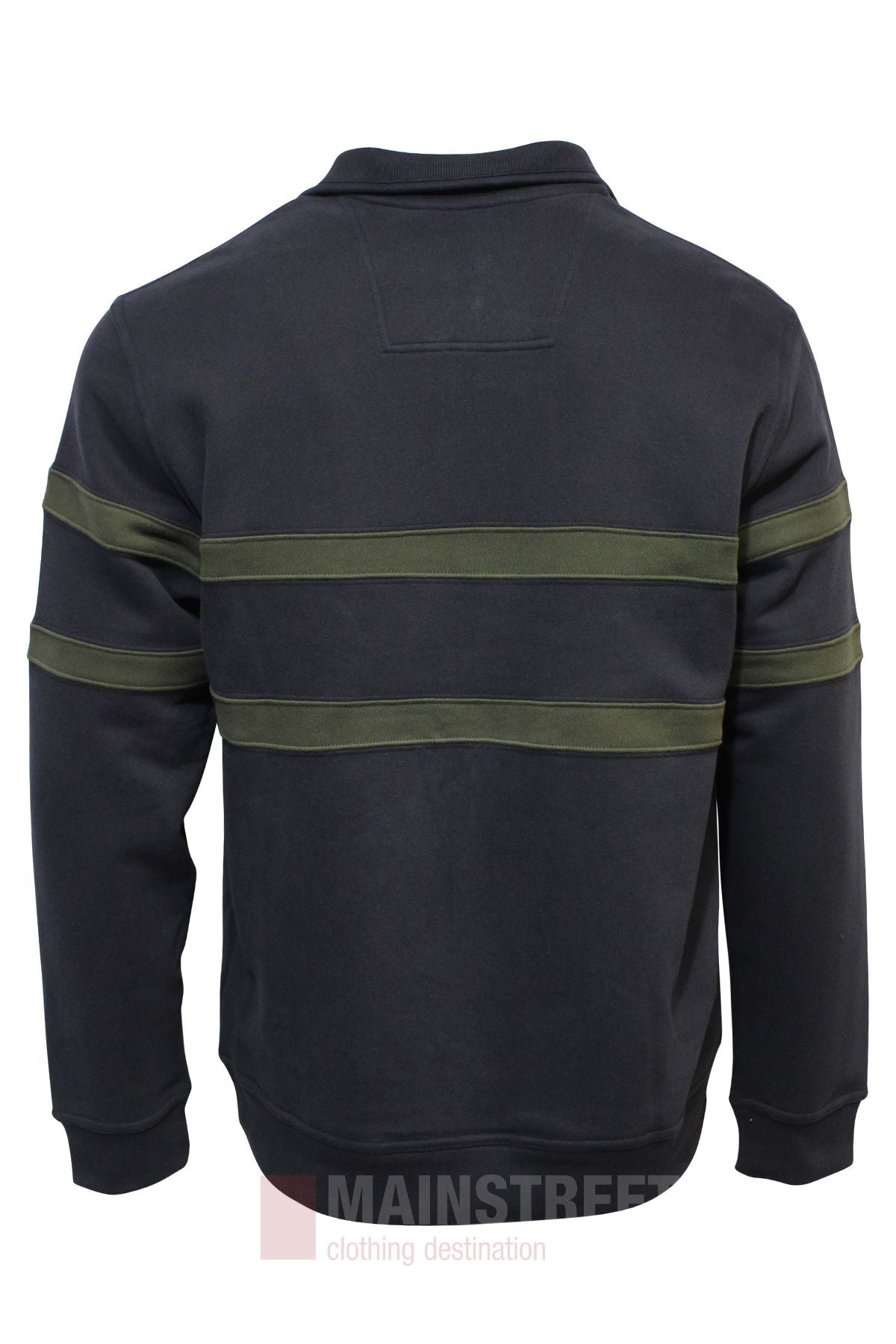 The Bridgeport Half Zip Alpine Fleece in black, shown from the back with two olive green stripes across the upper and middle sections. For sizing, check our half chest measurement guide. Image watermarked: "MAINSTREET clothing destination.