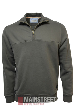 The Bridgeport Half Zip Alpine Fleece is a dark grey pullover with a standing collar, ribbed cuffs, and hem, shown on a white background. The "MAINSTREET clothing destination" logo appears at the bottom.