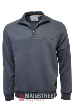 The Bridgeport Half Zip Alpine Fleece is a blue long-sleeve pullover with a quarter-zip front and stand-up collar, shown on a white background. The Mainstreet Clothing Destination logo appears at the bottom of the image.