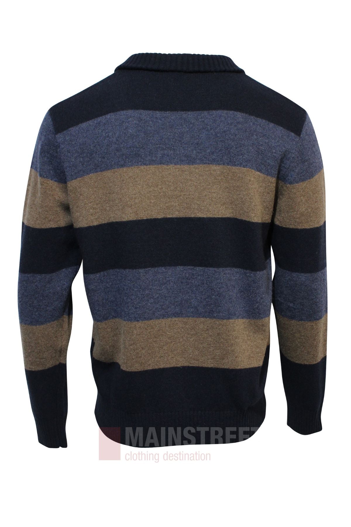 The Bridgeport Stripe Wool Blend Half Zip Knit features wide horizontal navy blue, brown, and gray stripes, displayed from the back against a white background.