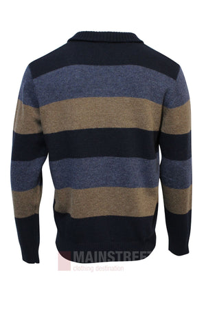 The Bridgeport Stripe Wool Blend Half Zip Knit features wide horizontal navy blue, brown, and gray stripes, displayed from the back against a white background.