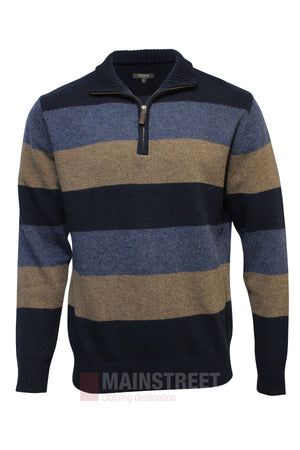 The Bridgeport Stripe Wool Blend Half Zip Knit is a men's casual sweater with wide horizontal stripes in navy blue, light brown, and heather blue. It features a half-zip collar and is shown on a plain white background.