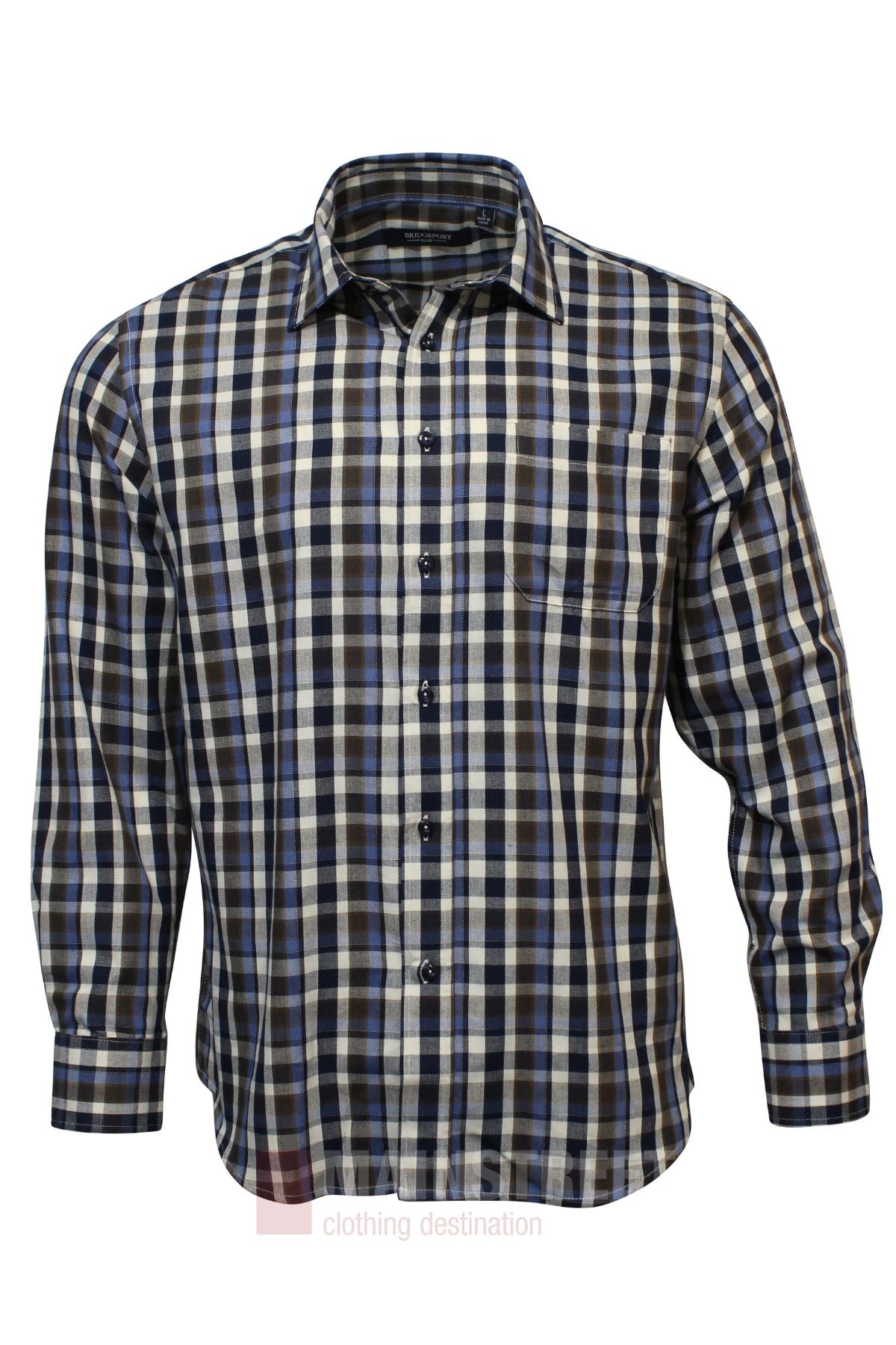 The Bridgeport Premium Cotton Check Shirt features a blue, black, and white plaid pattern in a long-sleeve button-up style, crafted from premium cotton and shown on a plain white background.