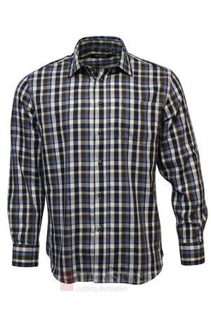 The Bridgeport Premium Cotton Check Shirt features a blue, black, and white plaid pattern in a long-sleeve button-up style, crafted from premium cotton and shown on a plain white background.
