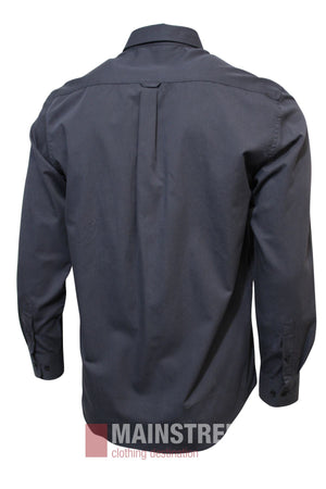 The Bridgeport Premium Cotton Shirt is shown from the back in dark gray with long sleeves, collar, center pleat, and buttoned cuffs. For best fit, see the size guide's half chest measurement. "MAINSTREET clothing destination" logo displayed below.