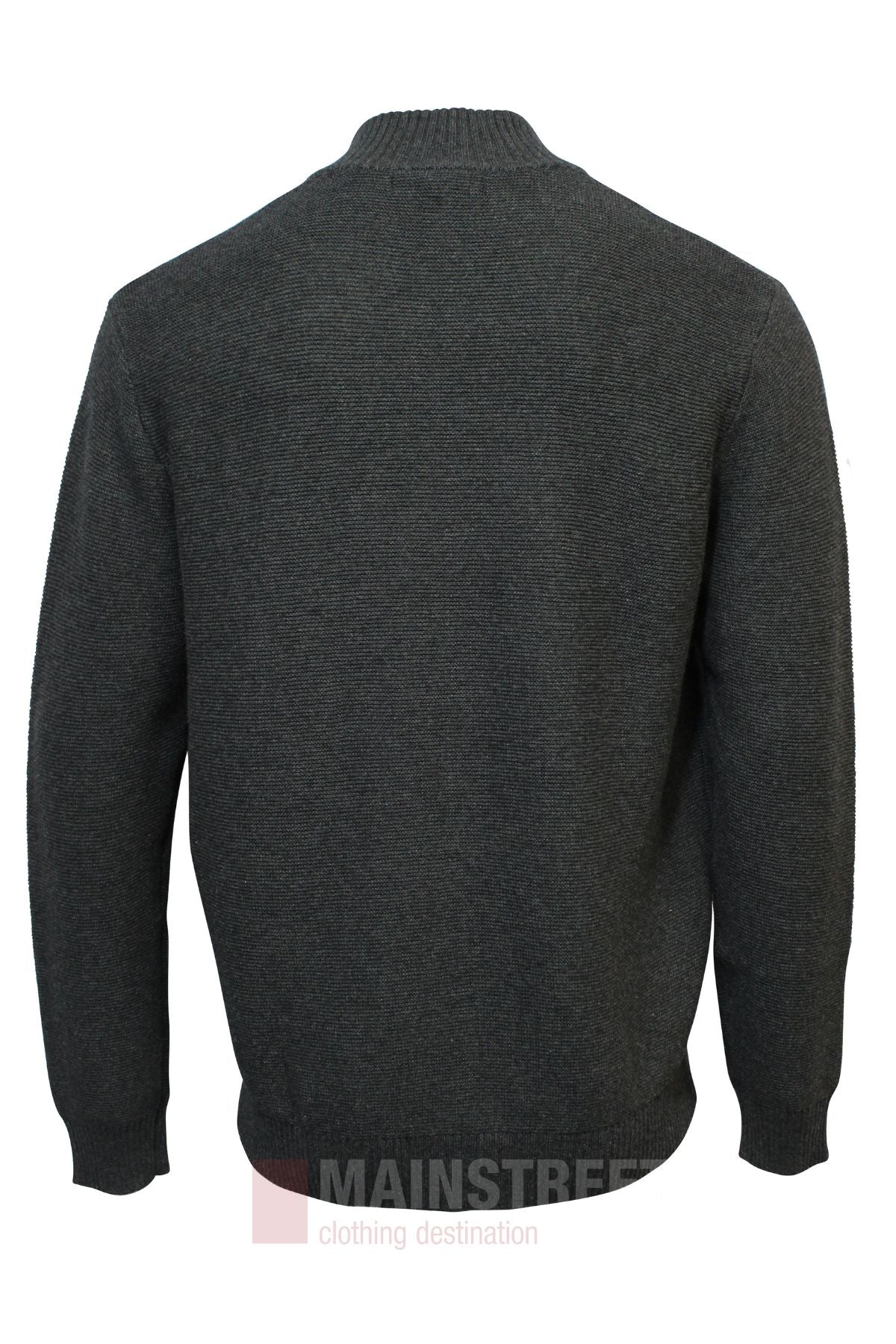 The Bridgeport Wool Blend Half Zip Knit, a plain dark gray long-sleeve sweater shown from the back on a white background, is ideal for a smart-casual look.