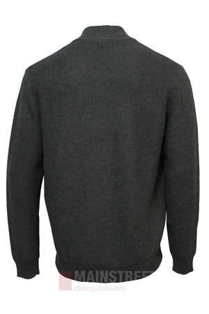 The Bridgeport Wool Blend Half Zip Knit, a plain dark gray long-sleeve sweater shown from the back on a white background, is ideal for a smart-casual look.