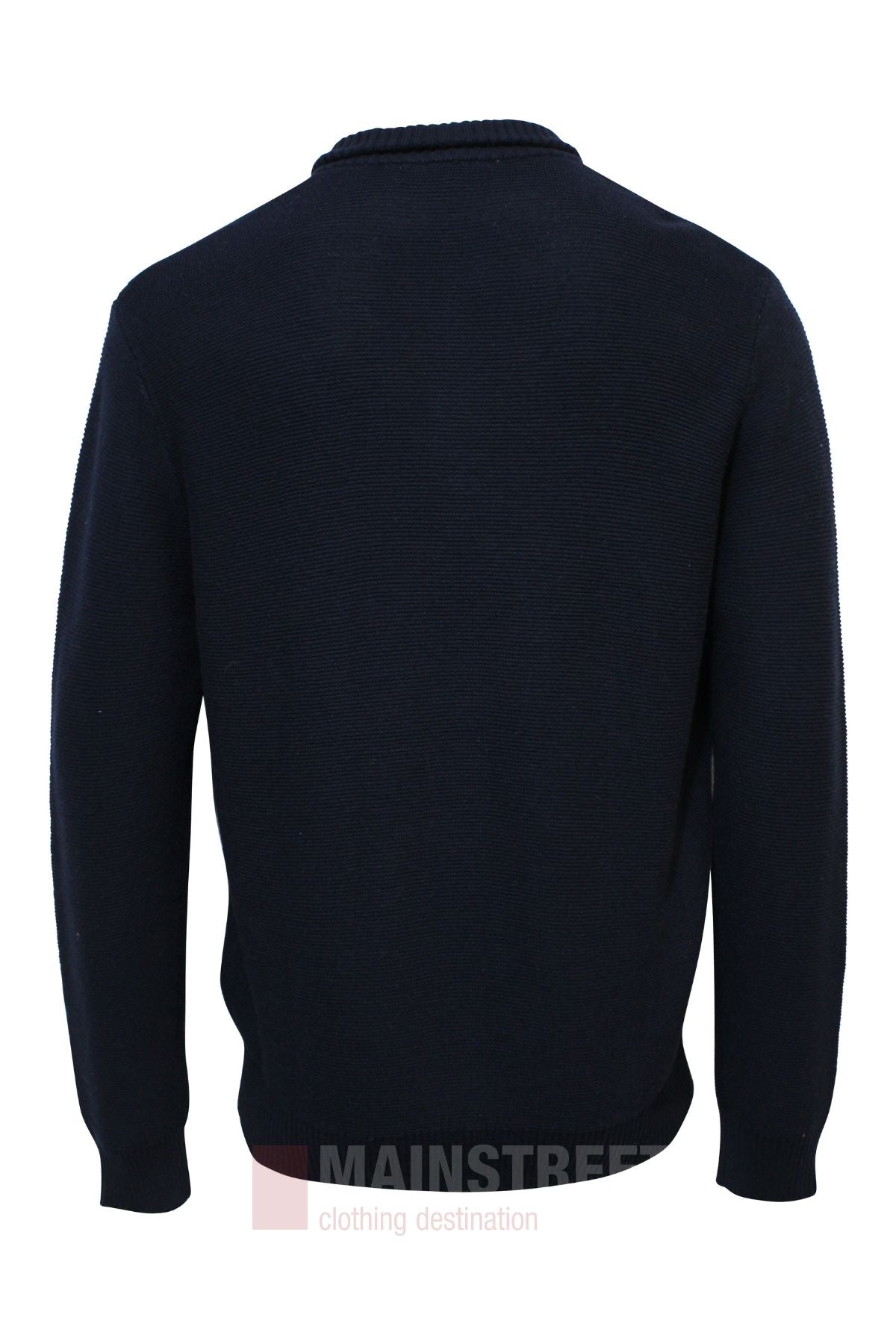 The Bridgeport Wool Blend Half Zip Knit, a smart-casual plain long-sleeved sweater in dark navy blue, is displayed from the back on a white background with no visible logos or designs.