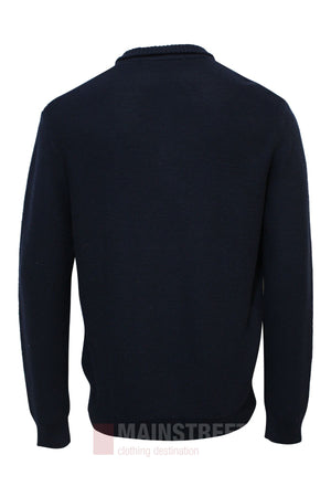 The Bridgeport Wool Blend Half Zip Knit, a smart-casual plain long-sleeved sweater in dark navy blue, is displayed from the back on a white background with no visible logos or designs.