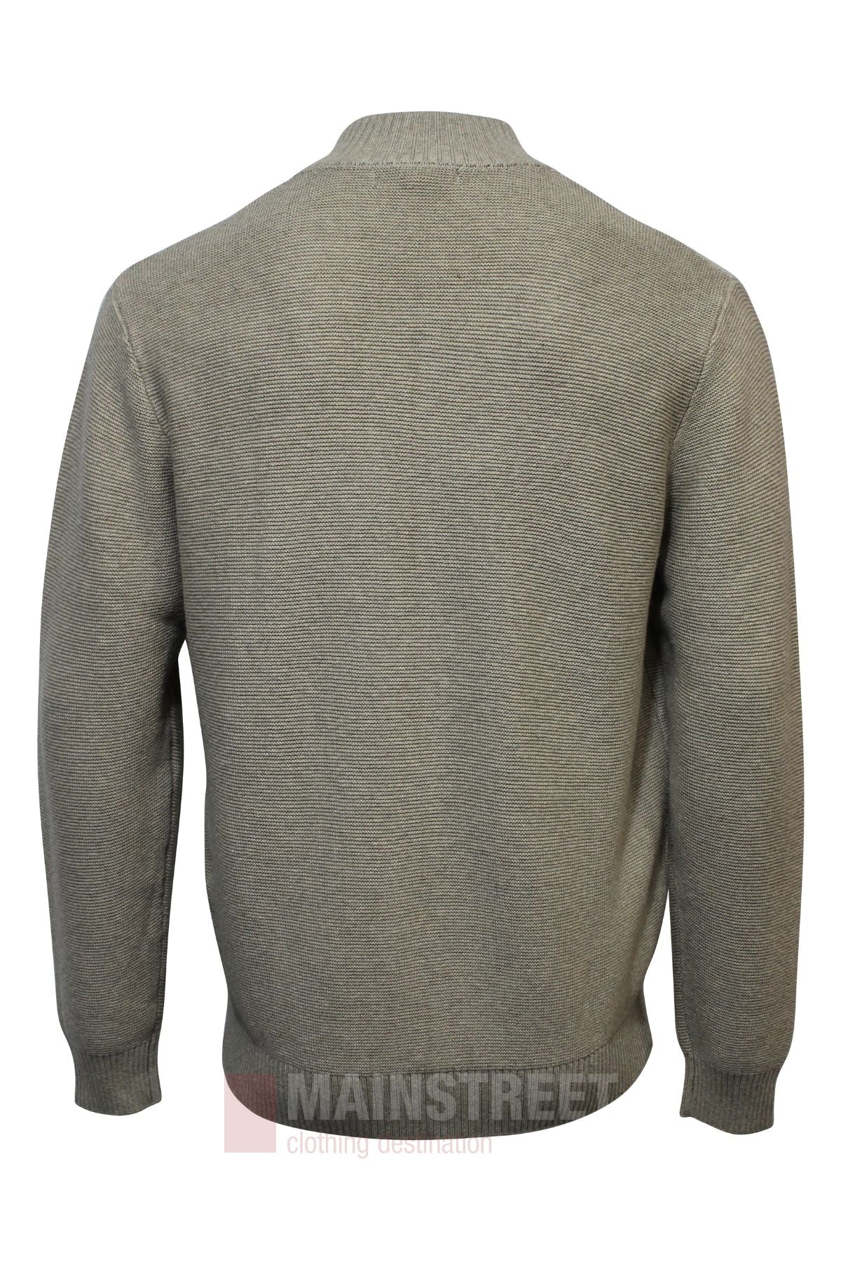 A back view of the Bridgeport Wool Blend Half Zip Knit in light gray, featuring long sleeves and ribbed collar, cuffs, and hem. Perfect for smart-casual outfits, shown on a white background.