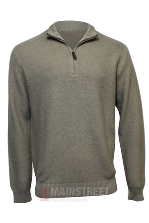 The Bridgeport Wool Blend Half Zip Knit is a light gray long-sleeve sweater with a half-zip collar and ribbed cuffs and hem, ideal for smart-casual looks. Displayed on a plain white background.