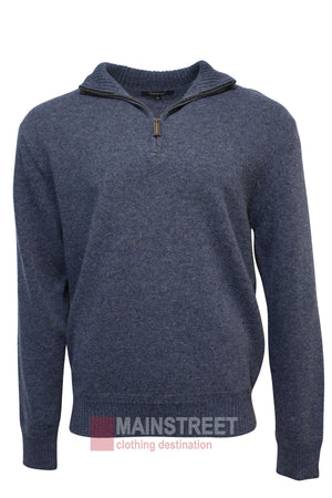 The Bridgeport Wool Rich Half Zip Knit is a blue, long-sleeve sweater made from a premium wool blend with a half-zip collar, ideal for layering. Shown on a plain white background with the "MAINSTREET clothing destination" logo at the bottom.