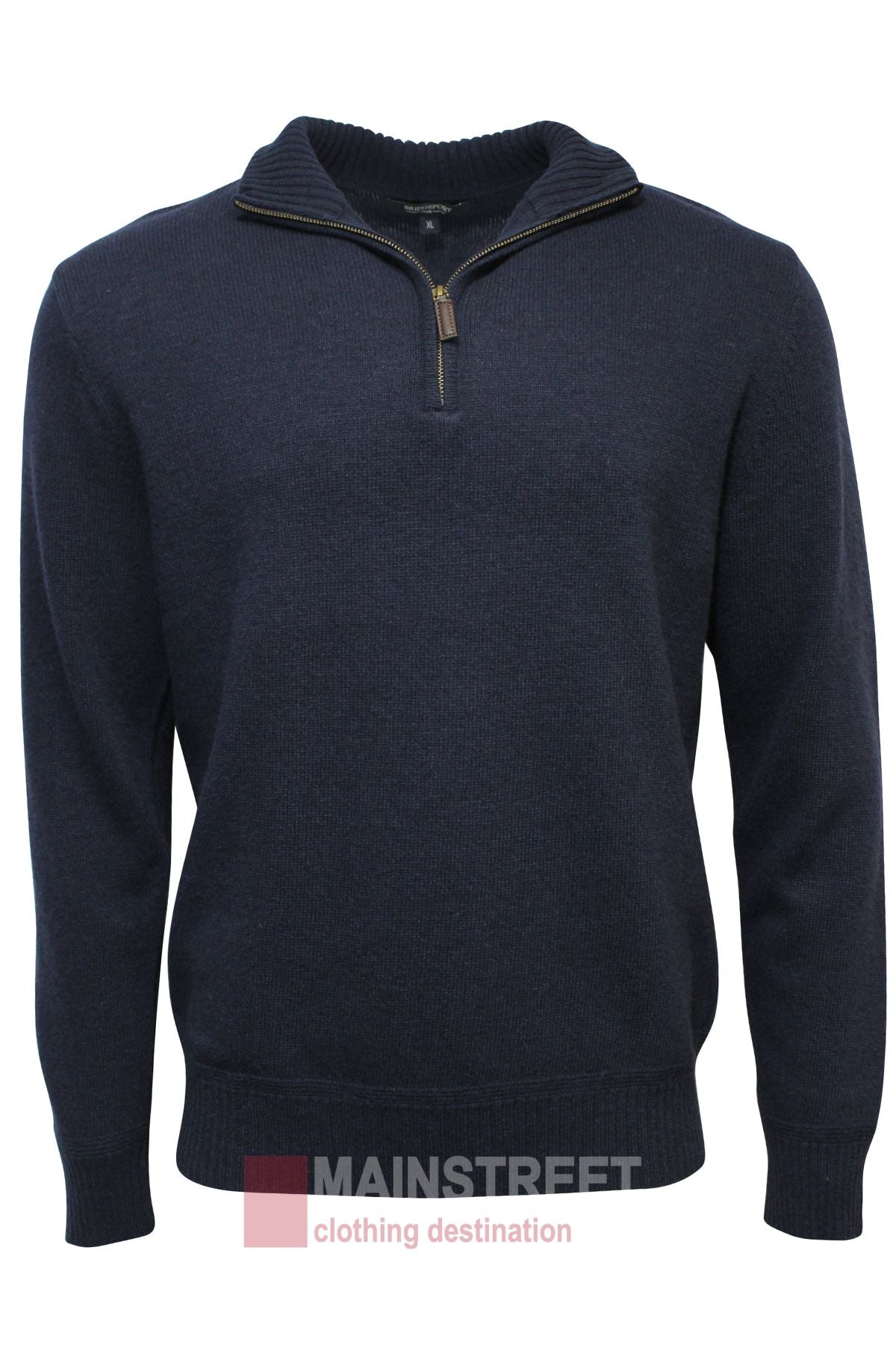 The Bridgeport Wool Rich Half Zip Knit is a navy men's sweater with a quarter-zip collar, ribbed cuffs and hem, and "MAINSTREET clothing destination" logo at the bottomβideal for layering.