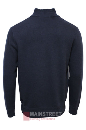 The Bridgeport Wool Rich Half Zip Knit in navy blue, shown from the back on a white background, features long sleeves, a high collar, and ribbed cuffs and hem. MAINSTREET clothing destination logo appears at the bottom of the image.