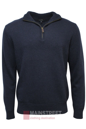 The Bridgeport Wool Rich Half Zip Knit is a navy men's sweater with a quarter-zip collar, ribbed cuffs and hem, and "MAINSTREET clothing destination" logo at the bottomβideal for layering.