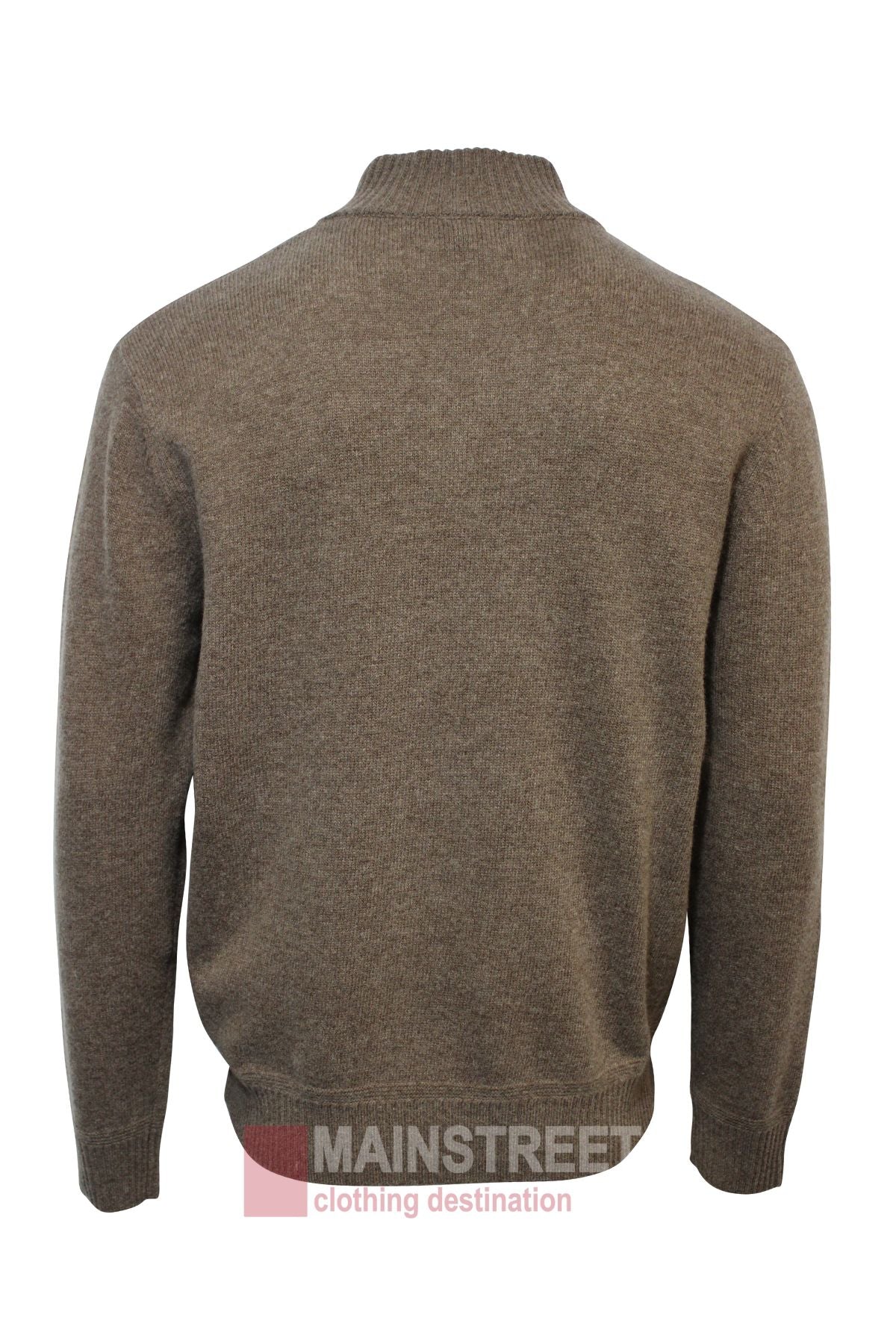 Bridgeport Wool Rich Half Zip Knit shown from the back, featuring long sleeves, a premium wool blend, and ribbed cuffs, collar, and hem. Plain design with no visible patterns. "Mainstreet clothing destination" logo at image bottom.