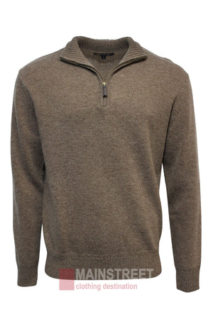A Bridgeport Wool Rich Half Zip Knit sweater in brown with long sleeves, ribbed collar, cuffs, and hem. Crafted from a premium wool blend and shown on a white background with the MAINSTREET clothing destination logo at the bottom.