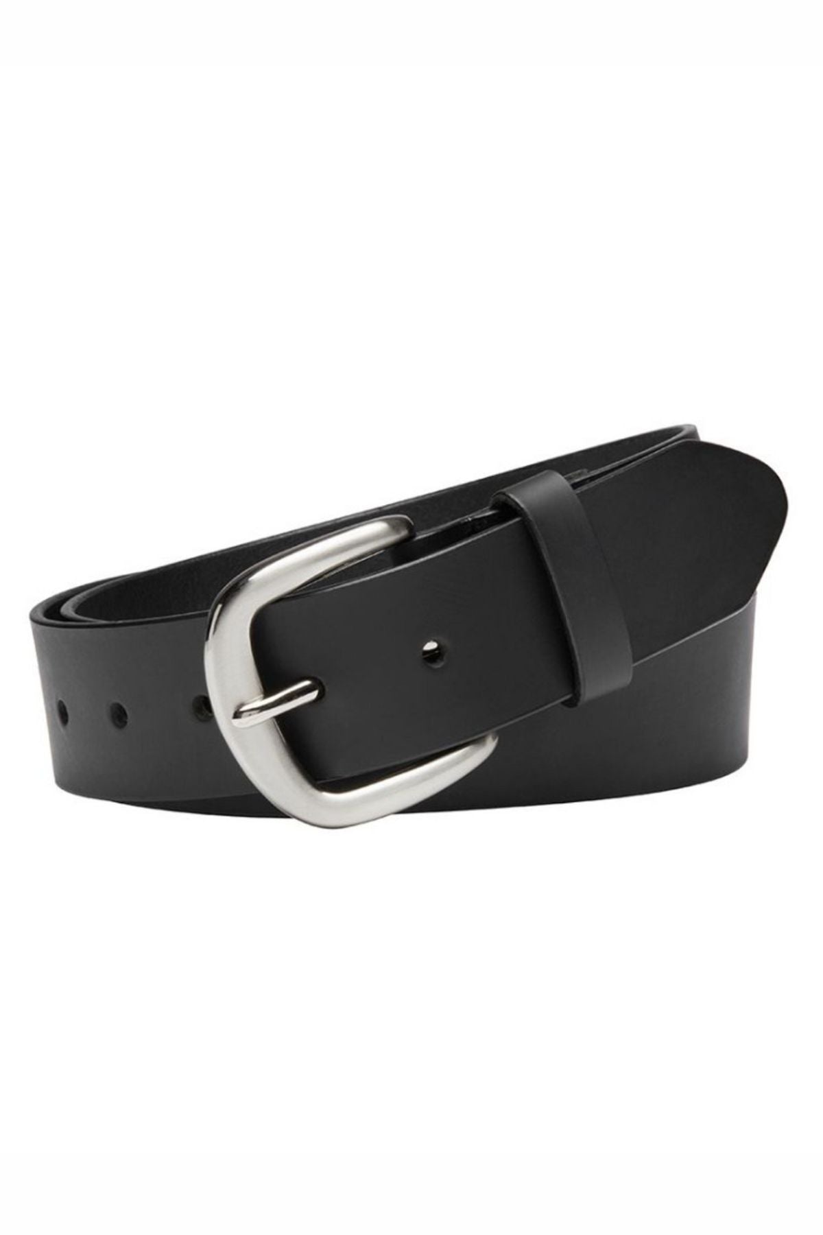 The Buckle 5092 Buffalo Top Grain Belt is a black Australian leather belt with a silver rectangular buckle, displayed rolled up on a white background.