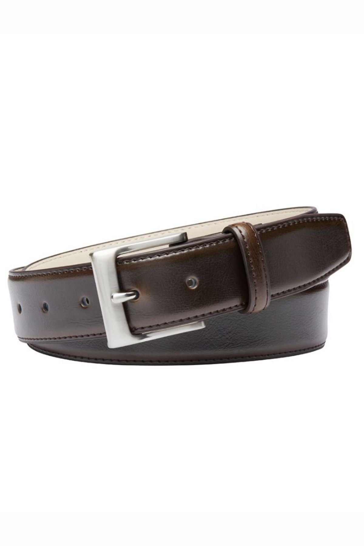 The Buckle 5115 Rogue Deluxe Leather Belt, in dark brown leather with a silver rectangular buckle, is coiled neatly against a white background.