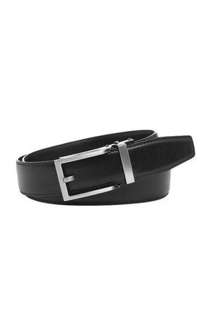 The Buckle 5129 Hamilton Auto Club Belt, crafted from genuine leather with a sleek silver rectangular buckle, is adjustable and features a modern design—perfect for any occasion. Displayed neatly coiled on a white background.