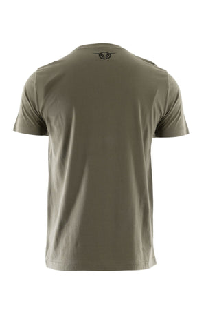The Bullzye Authentic Tee in plain olive green is shown from the back, displaying a small black logo below the neckline. Made from 100% cotton jersey for comfort and durability.