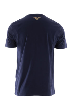 The Bullzye Authentic Tee is a plain navy blue short-sleeve shirt made from 100% cotton jersey, shown from the back with a small gold logo just below the neckline.