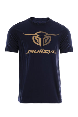 The Bullzye Authentic Tee in navy blue is made from 100% cotton jersey and features a stylized bull logo with "Bullzye" in beige on the front, showcased against a plain white background.