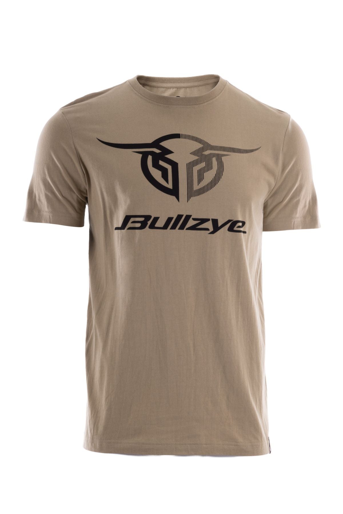 The Bullzye Authentic Tee is a tan, short-sleeved 100% cotton jersey shirt with a black bull head logo and "Bullzye" text on the front. This bold style t-shirt appears against a white background.